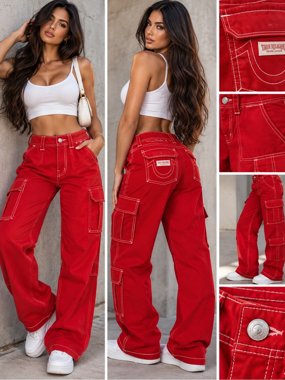 True Religion Red Wide-Leg Cargo Pants with Contrast Stitching